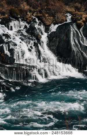 Hrynfossar Series Of Small Waterfalls Cloudy Weather Stones Black Cold