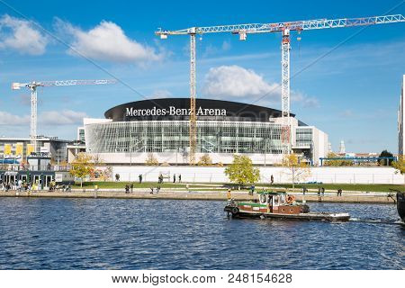 Berlin, Germany- Oct 30, 2016: : The Mercedes Benz Arena from river side in Berlin on Oct 30, 2016. Germany. The Mercedes Benz Arena ( formally :The O2 World Arena) holds important sportevents.