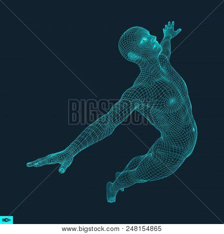 Silhouette Of A Jumping Man. 3d Model Of Man. Geometric Design. Polygonal Covering Skin. Human Body 