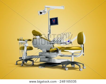 Modern Gold Dental Chair And Borax With Backlight And Monitor For Work On 3d Render On Orange Backgr