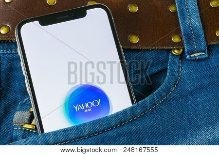 Sankt-petersburg, Russia, April 14, 2018: Yahoo Mail Application Icon On Apple Iphone X Smartphone S