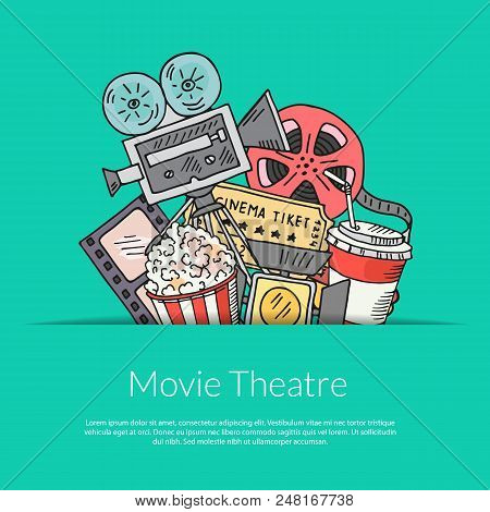 Vector Poster Cinema Doodle Icons Background With Place For Text Illustration