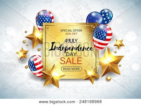 Independence Day Sale Banner With Golden Stars Anf Flag. Vector