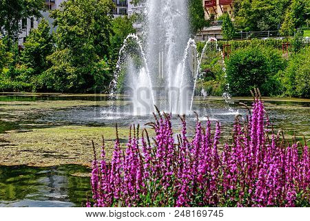 Picturesque Pond With Fountain In The Spa Park Bad Schwalbach In Hesse, Germany