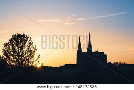 Chartres Cathedral, also called Cathedral of Our Lady of Chartres at sunset in France