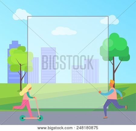 People Riding Kick Scooter Or Running On Skate Rollers In Summertime City Park. Vector Illustration 