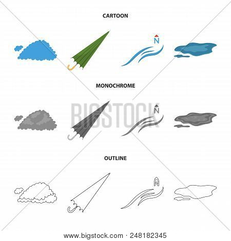Cloud, Umbrella, The North Wind, A Puddle On The Ground. The Weather Set Collection Icons In Cartoon