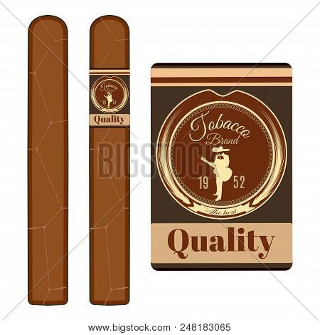 Vector Illustration Of Cuban Cigars With Label, Without It And Cigar Label Template Isolated On Whit