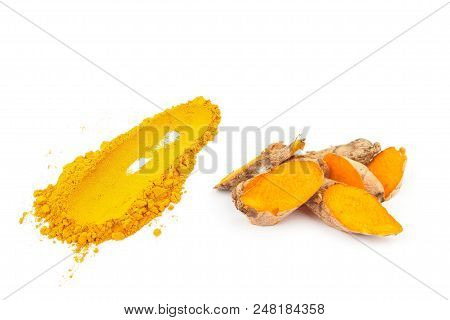 Turmeric Powder And Fresh Turmeric (curcuma) Isolated On White Background. Herbal