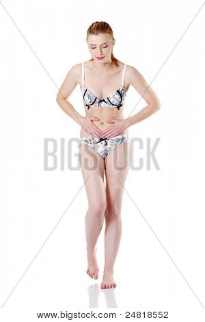 Donna con problemi di stomaco isolata on white background
