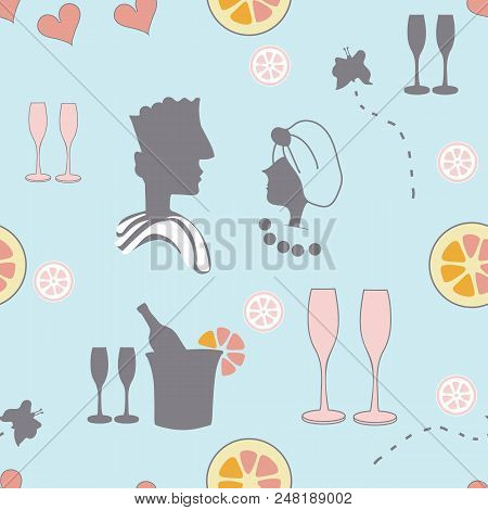 Love Couple And Champagne-spa In The Country. Retro Seamless Repeat Pattern. Vector Pattern Backgrou