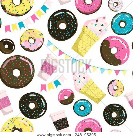 Sweet Seamless Donuts, Coffe And Ice Cream Pattern. Summer Party Background With Flags Garland. Can 