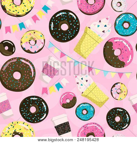 Sweet Seamless Donuts, Coffe And Ice Cream Pattern. Summer Party Background With Flags Garland. Can 