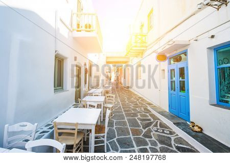 Beautiful narrow street with white houses in Naoussa, Paros island, Greece. Traditional narrow street with white facedes of buildings and blue doors. Typical greek traditional village in summer
