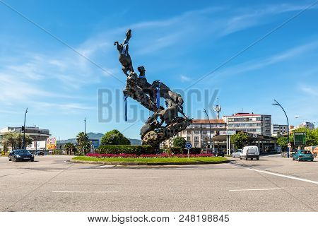 Vigo, Spain - May 20, 2017: Horse Sculpture In Spain Square (plaza De Espana) Of Vigo City, Galicia,