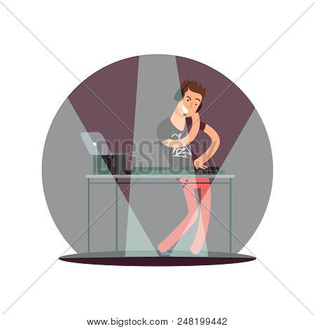Flat Vector Cheerful Dj In Light Of Soffits Cartoon Character Illustration
