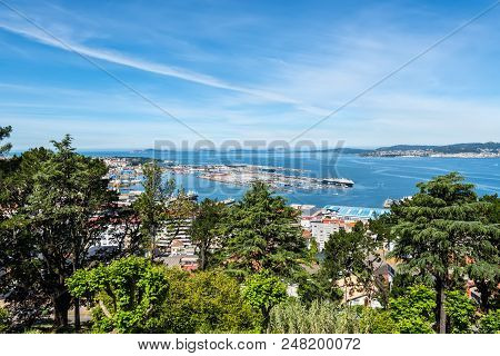 Vigo, Spain - May 20, 2017: The Beautiful City Of Vigo. View From The Park Near Ruins Of Castle Of V
