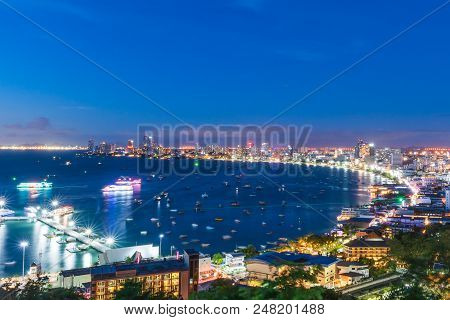 Night View Of Pattaya City Beach During Sunset At Pratumnak Viewpoint, Pattaya Thailand.