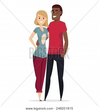 Multinational Young Family. Vector Illustration In A Cartoon Style.