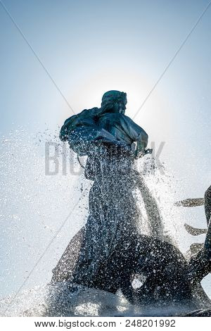 Low Angle View Of Beautiful Famous Gefion Fountain In Copenhagen, Denmark