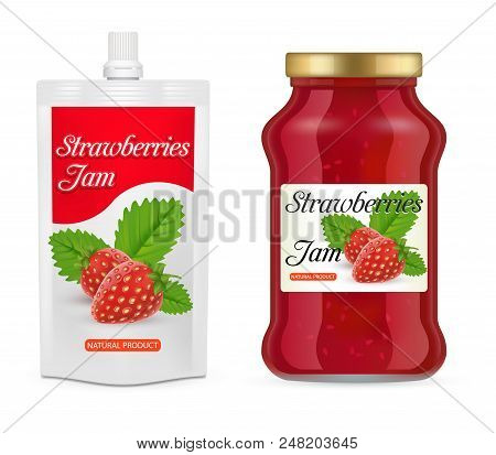 Strawberry Jam Packaging Mockup Set. Vector Realistic Illustration Of Glass Jar And Doypack Plastic 