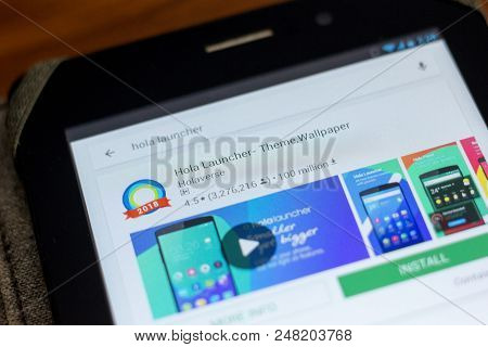 Ryazan, Russia - July 03, 2018: Hola Launcher- Theme, Wallpaper Mobile App On The Display Of Tablet 