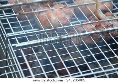Preparation On Bbq. Dish With Roasted Meat On Abstract Background. Hot Tasty Smokey Barbecue Meal At