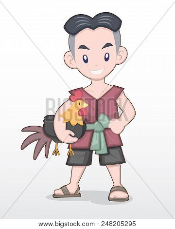 Cute Style Cartoon Thai Man In Traditional Outfit Holding A Fighting Cock Illustration