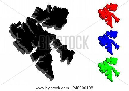 3d Map Of Svalbard (spitsbergen) - Black, Red, Blue And Green - Vector Illustration
