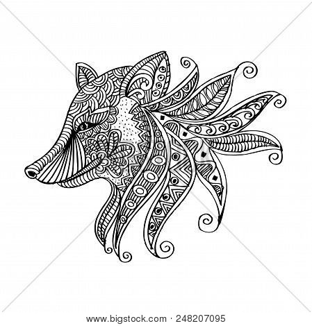 Black White Hand Drawn Doodle Animal. Fox Head