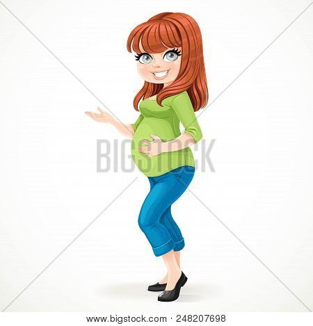 Cute Pregnant Brunette Woman Standing On A White Background And Showing Hand To The Side