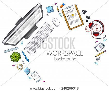 Office Desk Workspace Top View With Pc Computer And Diverse Stationery Objects For Work With Copy Sp