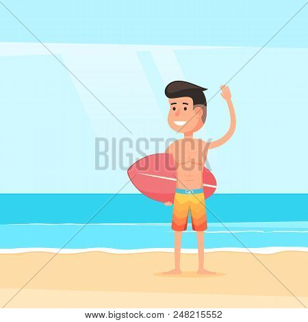 Friendly Surfer On Sandy Beach. A Man With A Surfboard On The Background Of The Ocean Surf. Sea Land