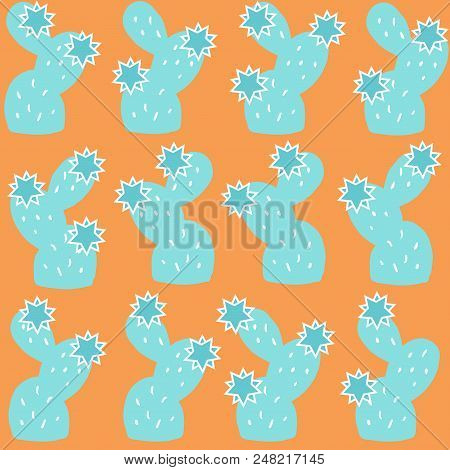 Cactus Silhuette With Stare Shaped Flowers On Orange Background-modern Cactus And Sacculents. Seamle