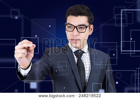 Asian Businessman Show Chart On White Background With Success Feeling, Business Presentration Concep