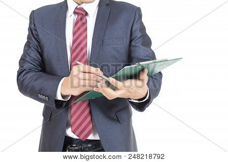 Businessman Holding Chart On White Background With Success Feeling, Business Presentration Concept, 