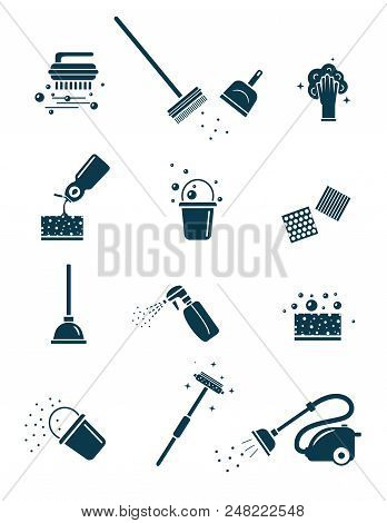 Cleaning Tools. Set Of Silhouette Icons Isolated On White Background.