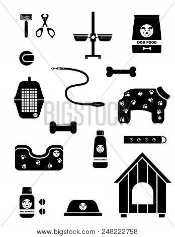 Dog Care. Black Silhouette Isolated Icons. Elments For Pet Shop