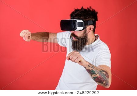 Virtual Driving Lessons Concept. Hipster On Excited Face Driving Bike On High Speed In Virtual Reali
