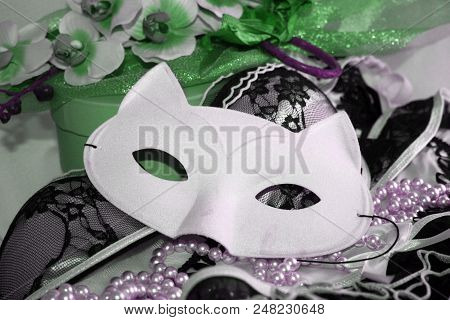 Cat White Eyemask With Lace And Beads And Green Floral Decoration, Glamour Seductive Expression.