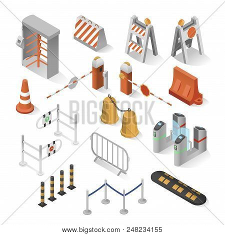 Urban Security Elements Isometric Set. City Industry To Keep Citizens From Danger Or Threat, Protect