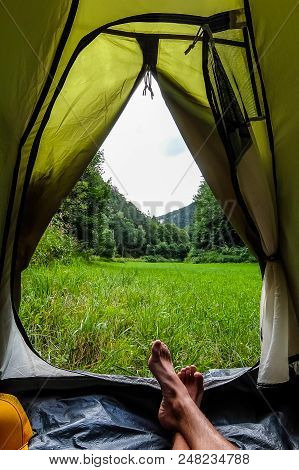 Semmering, Austria - August, 12th, 2017. Morning Mountain View Outside The Tent, Austrian Alps Near 