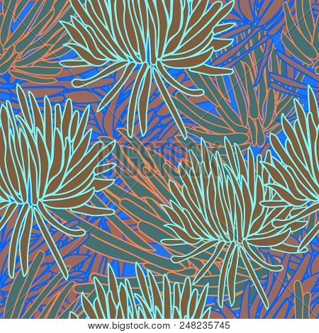 Modern Succulents In Blue Orange Brown And Green, Seamless Repeat Pattern. Seamless Vector Backgroun