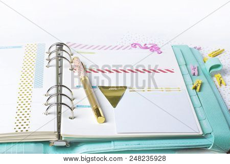 Feminine Stationery: Colorful Paper Binder Clips Palm And Flamingo Shape On White Table Background W