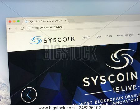 Amsterdam, The Netherlands - July 5, 2018: Website Of Syscoin, A Cryptocurrency.