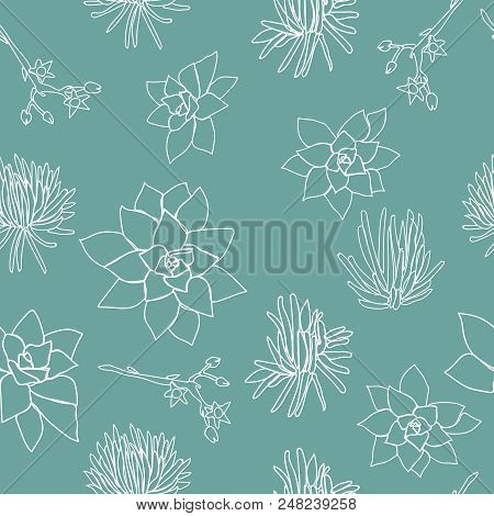 White Succulent Line Shapes On Petrol Background, Seamless Repeat Pattern. Seamless Vector Backgroun