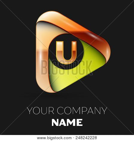 Realistic Golden Letter U Logo Symbol In Golden-green Triangle Shape On Black Background. Vector Tem