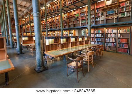Stockholm, Sweden - Jun 14, 2018: National Library Of Sweden With Historical Bookshelves And Columns