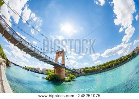 Scenic View Of Passerelle Du College Pedestrian Bridge Over Rhone River In Lyon, France