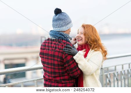Man In Makes Funny Rouge Women In Red Scurf. Guy Care About Women. Women Happy To Meet Men In City..